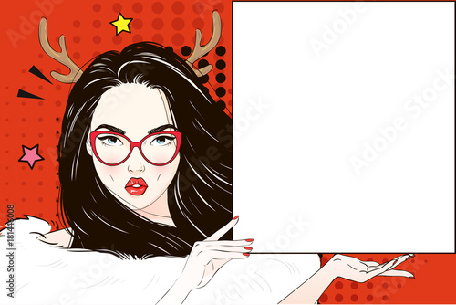 Pop Art Vintage advertising xmas poster comic girl in Christmas deer coctume, cat's eye glasses and holds a white banner. Vector illustration photo