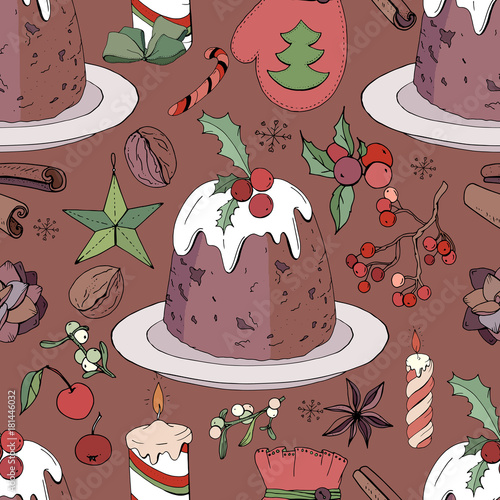 Seamless pattern with christmas pudding and decoration. Endless texture for festive design and decoration.
