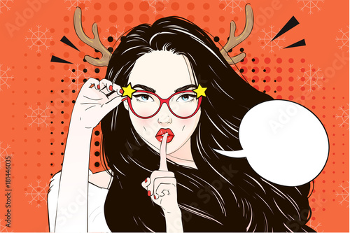 Pop Art Vintage advertising xmas poster comic girl in Christmas deer coctume, cat's eye glasses. Vector illustration photo