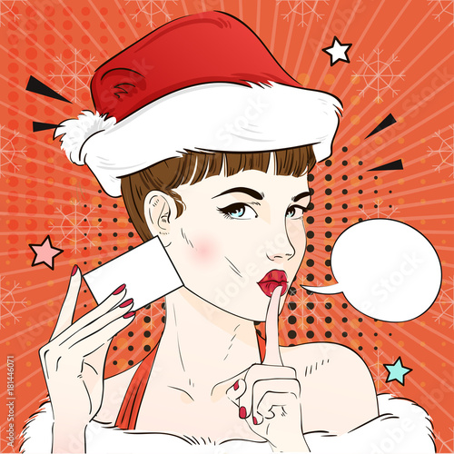 Pop Art Vintage advertising xmas poster comic girl in cat's eye glasses and red santa hat holds a visit card. Vector illustration
