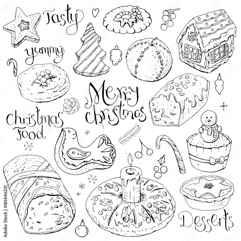 Set of different Christmas and winter desserts isolated on white. Black and white, hand drawn. Festive elements for restaurant and cafe menu.
