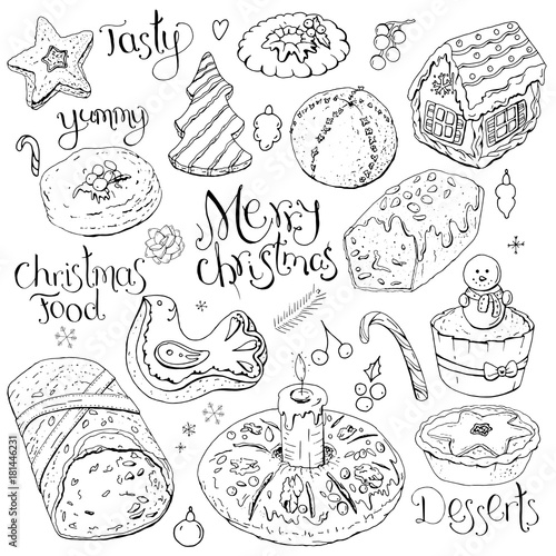 Set of different Christmas and winter desserts isolated on white. Black and white  hand drawn. Festive elements for restaurant and cafe menu.