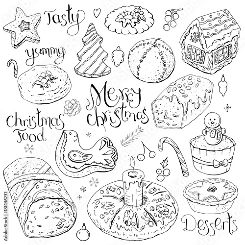 Set of different Christmas and winter desserts isolated on white. Black and white, hand drawn. Festive elements for restaurant and cafe menu.