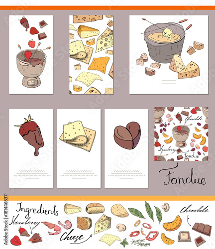 Set of different cards with traditional cheese and chocolate fondue. Template for season and festive design, greeting cards,invitations and decoration.