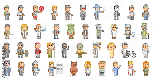 Vector 8-bit pixel art people set