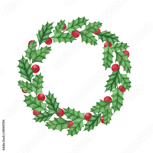 Hand painted christmas holly wreath with berries isolated on the white background. New Year decoration for holiday cards, labels and banners.
