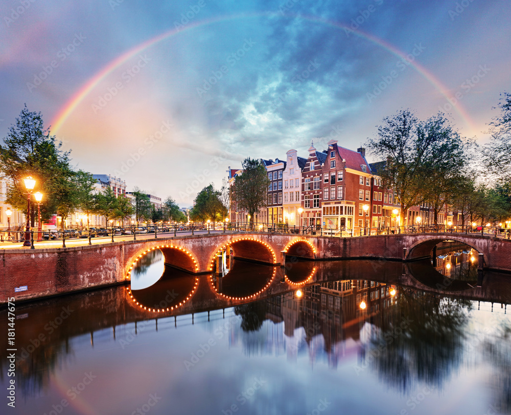 Fototapeta premium Amsterdam bridge with rainbow, Netherlands