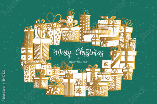 Merry Christmas and Happy New Year. Christmas hand drawn gifts. Vector illustration.