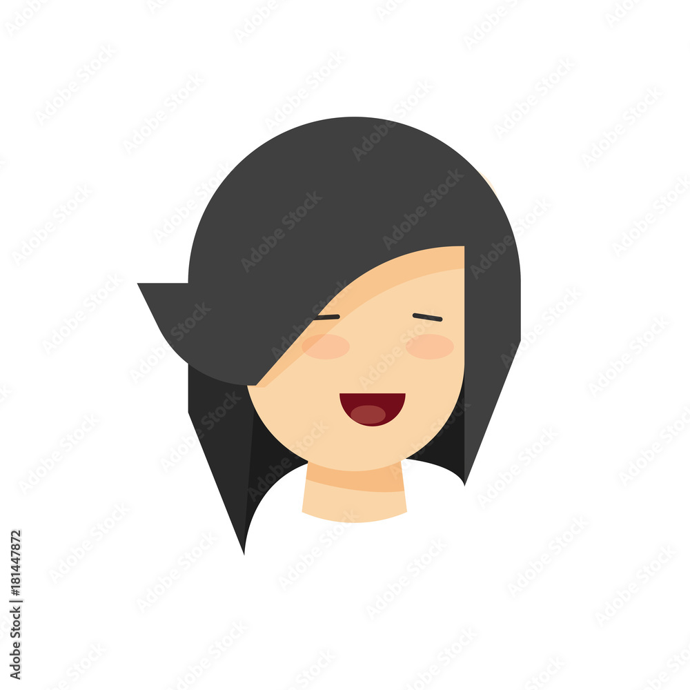 Happy woman or girl face with smile vector illustration, flat cartoon design of young female person smiling, cheerful emotion, head isolated on white backround Happy woman or girl face with smile vector illustration, flat cartoon design of young female person smiling, cheerful emotion, head isolated on white backround