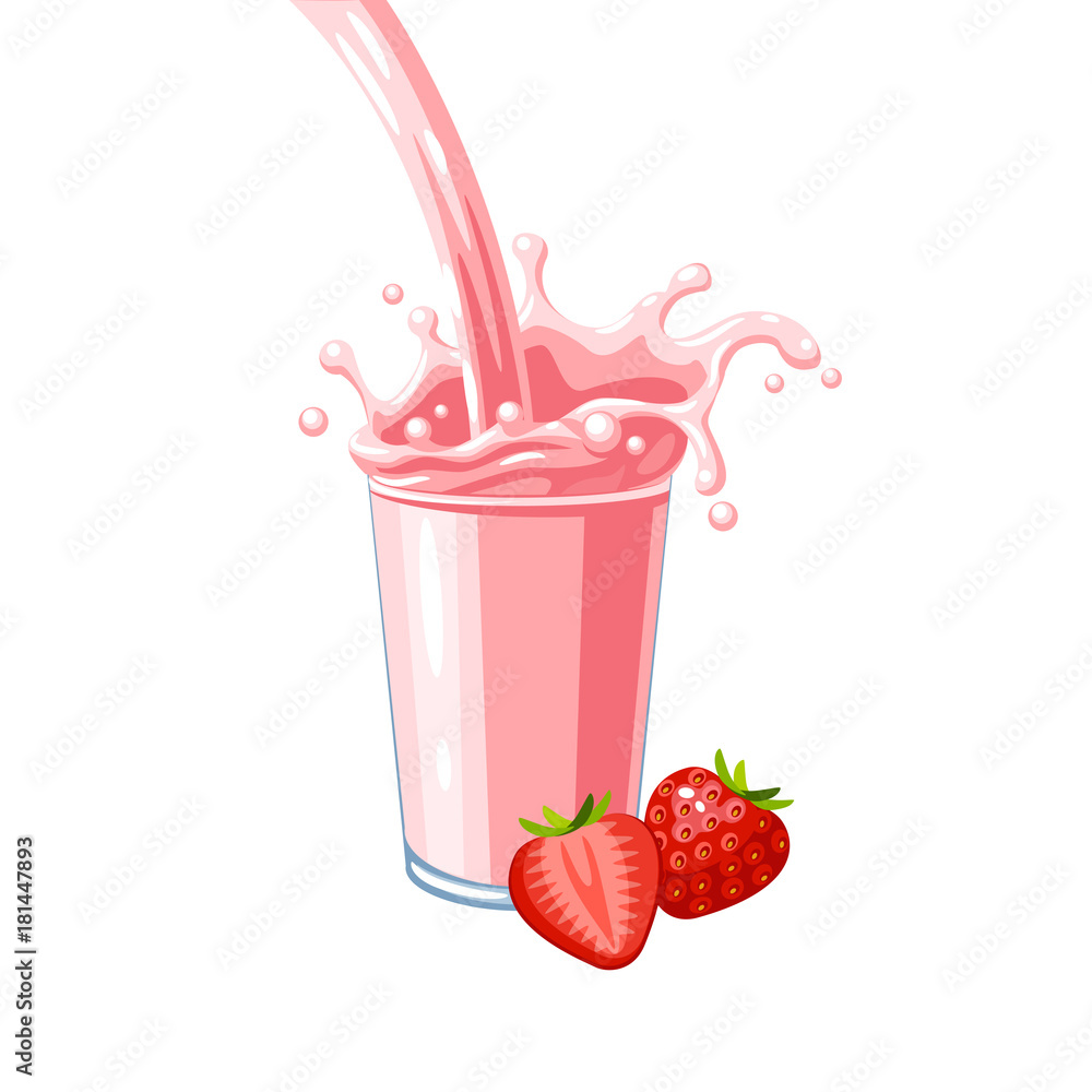 Vecteur Stock Colorful fruit milkshake design. Pink milky flow and splash  in full glass of strawberry milk shake. Vector illustration cartoon flat  icon isolated on white. | Adobe Stock