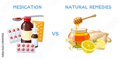 Medication vs natural remedies. Drugs, pills and medicinal syrup. Honey, ginger and lemon. Vector cartoon illustration isolated on white.