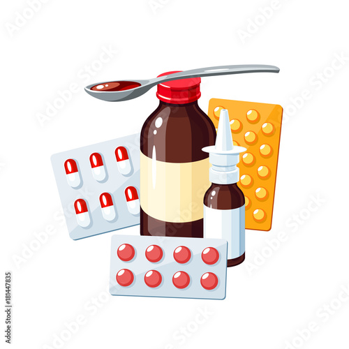 Medication for sore throat, flu, runny nose, influenza, cough: medicine syrup, nasal spray, pills, capsules, drugs. Vector illustration cartoon icon poster on white.