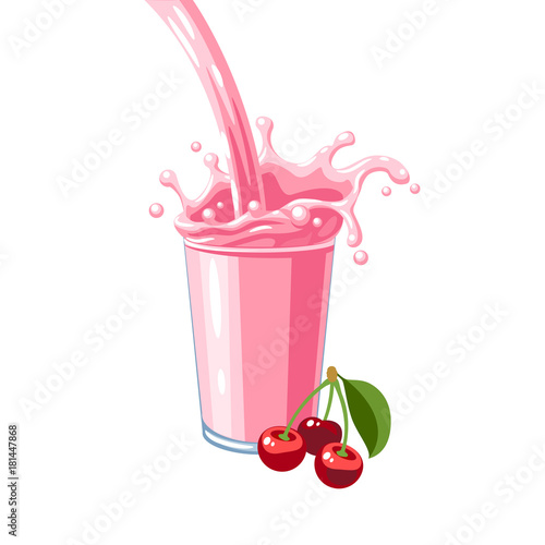 Colorful fruit milkshake design. Pink milky flow and splash in full glass of cherry milk shake. Vector illustration cartoon flat icon isolated on white.