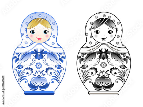 Vector pictures of russian matryoshka painted at gzhel style. Colored and linear illustrations