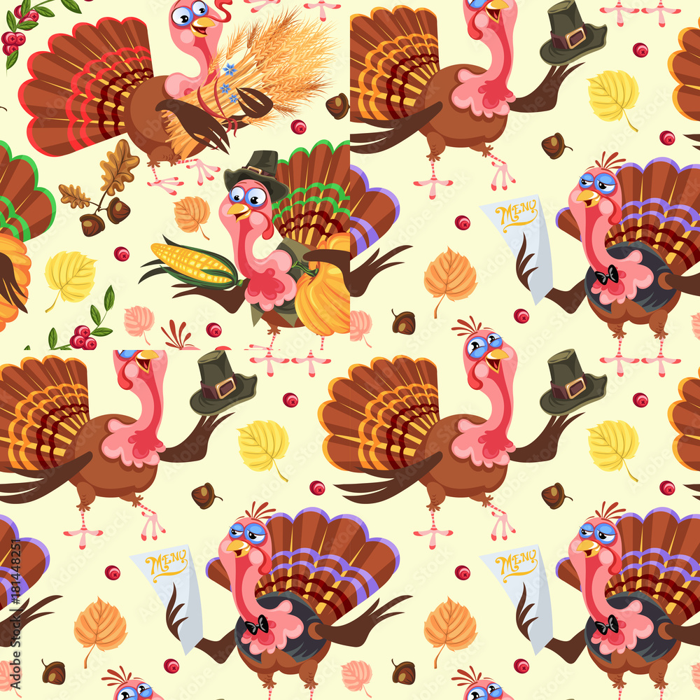 Obraz Bezszwowe wzór kreskówka dziękczynienia indyka znaków w kapeluszu ze zbiorów, liści, żołędzi, kukurydzy, jesień wakacje ptak ilustracji wektorowych tło dla tkanin włókienniczych lub opakowania