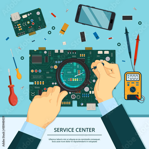 Concept illustration of technician service. Hands with magnifying glass and a soldering iron. Motherboard repair
