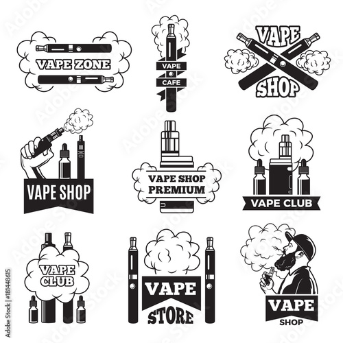 Badges and labels with illustrations of vapor from electric cigarette. Pictures for vaping club or shop