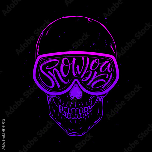 Snowboard Hand Drawn Lettering Print with Skull. Vector Cool Label of Extreme Witer Sport. Snowboarding Typography for t-shirt Design and Other Uses.