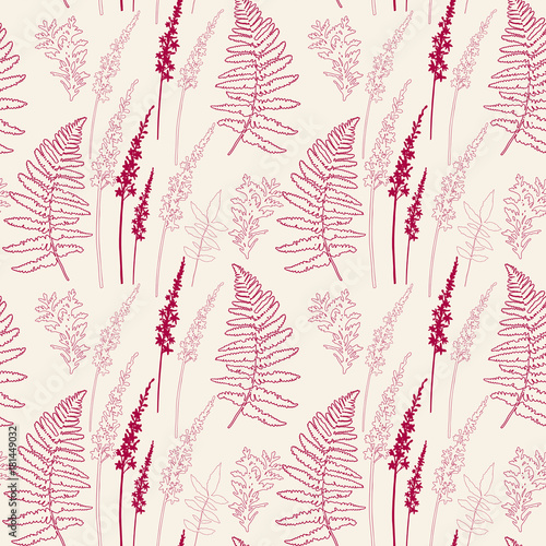 Floral vector seamless pattern with different hand drawn leaves, wild flowers...