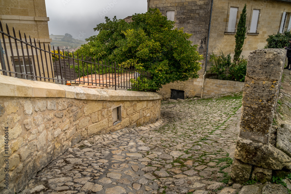 ancient street made of stone named Rue de la Port Saint-Martin, in Saint-Emilion, France