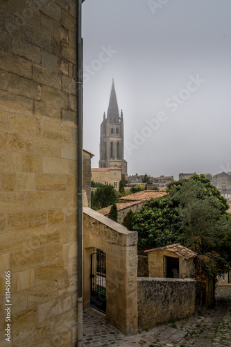 saint-Emilion, rue des anciennes ecoles, bell tower view photo