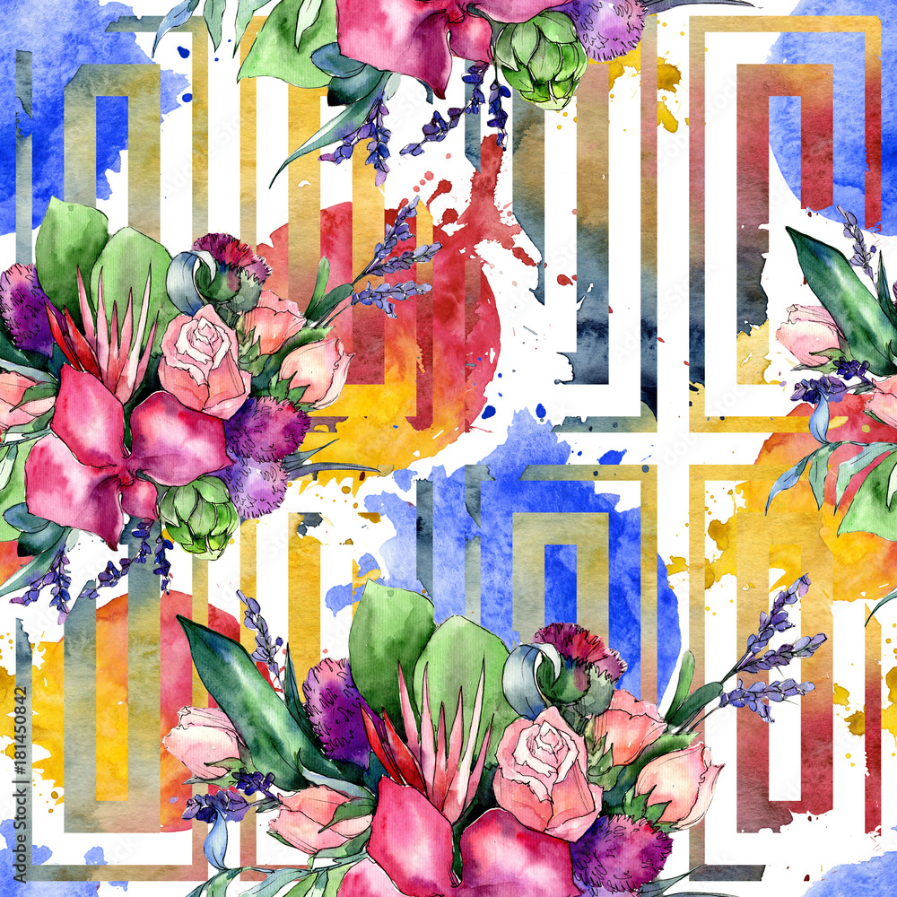 Fototapeta Wildflower bouquet pattern in a watercolor style. Full name of the plant: orchid, rose. Aquarelle wild flower for background, texture, wrapper pattern, frame or border.