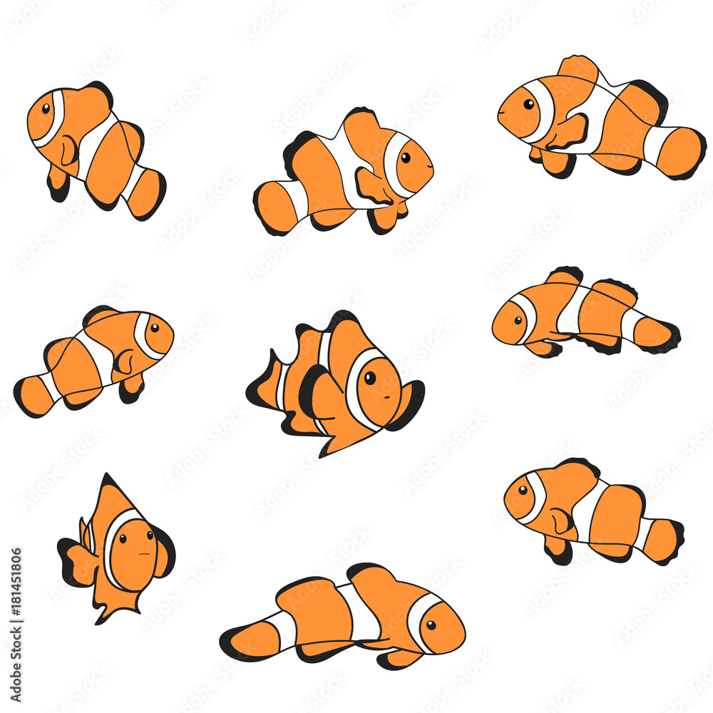 Clown fish icon in flat style isolated on white. Sea creatures symbol.  Clown fish cartoon vector illustration Tropical sea life theme. Cute orange  fish with white strips. Minimal striped fish set. Stock
