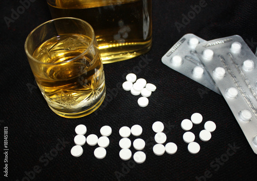 Danger unhealthy lifestyle concept, drug abuse synthetic seative hypnotic psychiatric opium prescribed narcotics pills and alcohol