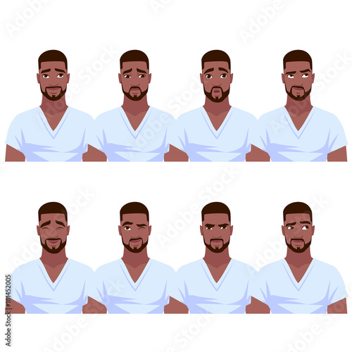 Set of African American man's emotions.