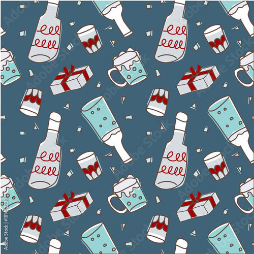 Merry Christmas seamless pattern party, Christmas items drink, bottle, beer, soda, glass, gift holly jolly celebration, decorated wallpaper scrapbook wrapping paper fun season greeting in navy blue.