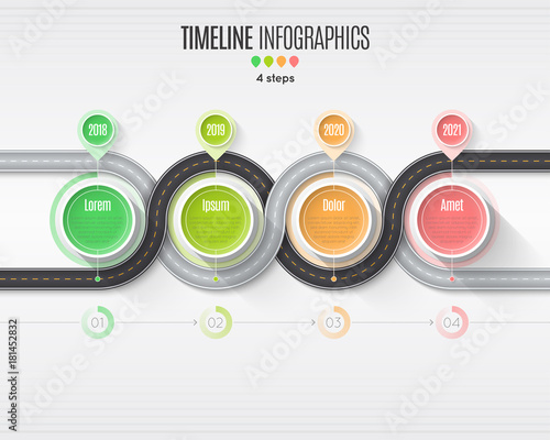 Navigation map infographic 4 steps timeline concept. Winding roa