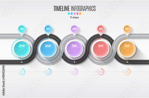 Navigation map infographic 5 steps timeline concept. Winding roa