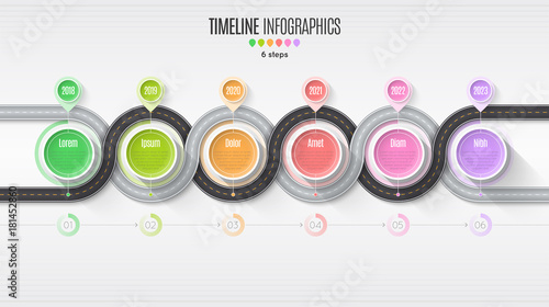 Navigation map infographic 6 steps timeline concept. Winding roa
