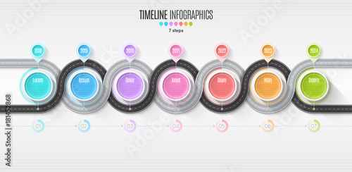 Navigation map infographic 7 steps timeline concept. Winding roa