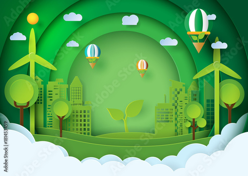 Green eco friendly concept design.Paper art style of green city and environment conservation.Vector illustration.