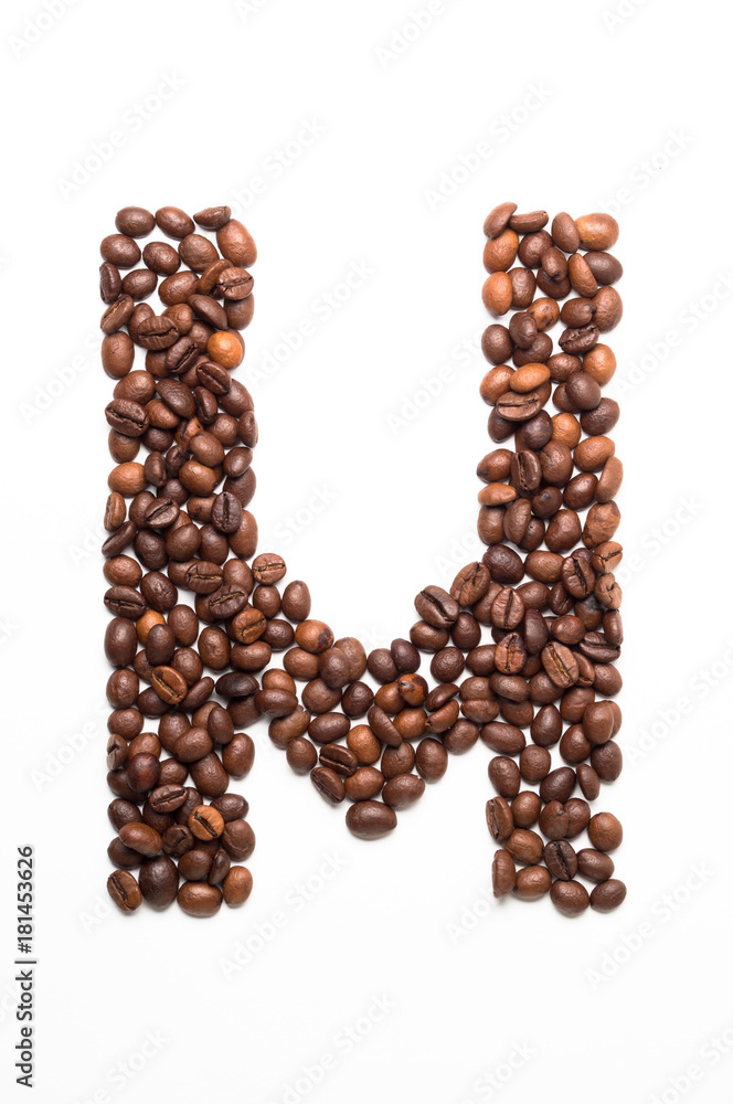Alphabet M of coffee beans isolated on white background Alphabet M of coffee beans isolated on white background