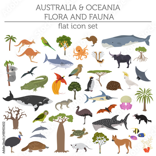 Australia and Oceania flora and fauna map, flat elements. Animals, birds and sea life big set. Build your geography infographics collection