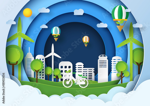 Eco friendly concept design.Paper art style of renewable energy and environment conservation.Vector illustration.