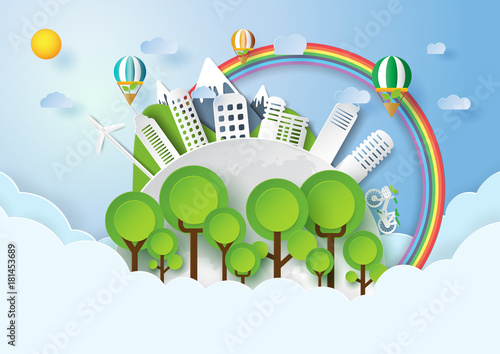 Save the world with environment conservation concept.Paper art style of nature landscape and green eco city of renewable energy.Vector illustration.