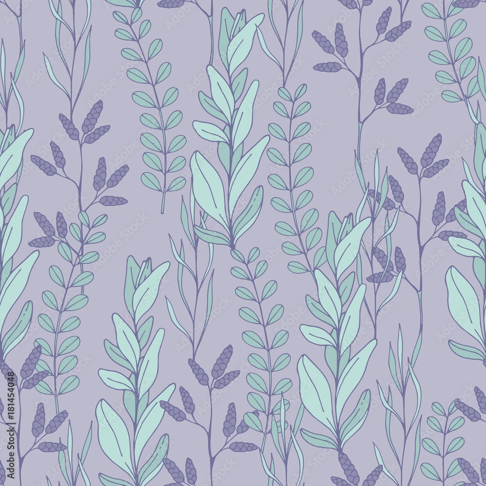 Vector seamless pattern with plants on a purple background