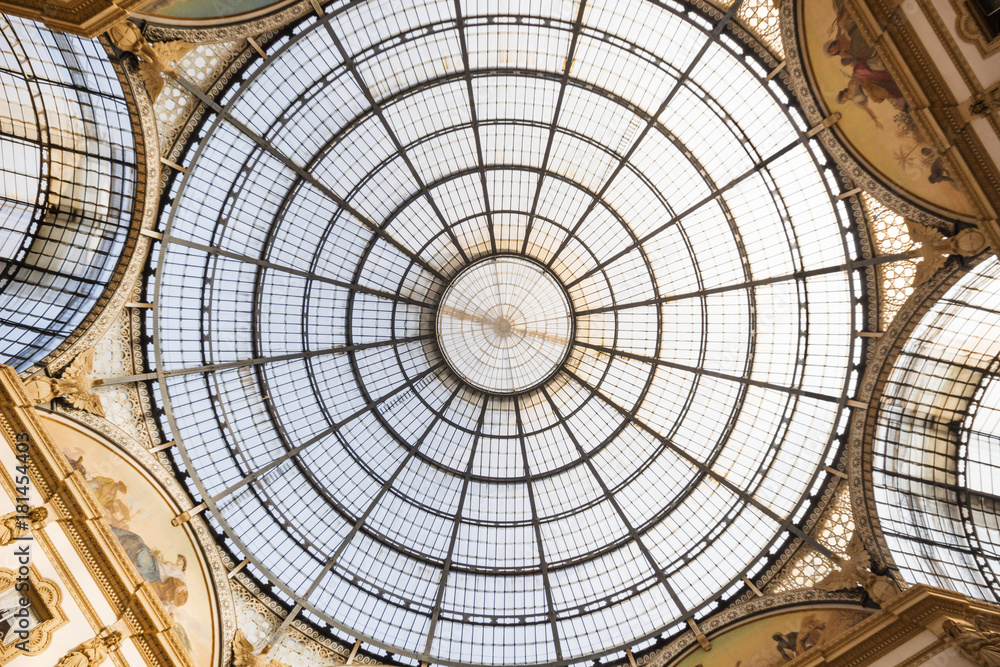 Close up. Glass dome of Galleria Vittorio Emanuele in central Milan, Italy, Beautiful glass roof in the center of Milan city center.