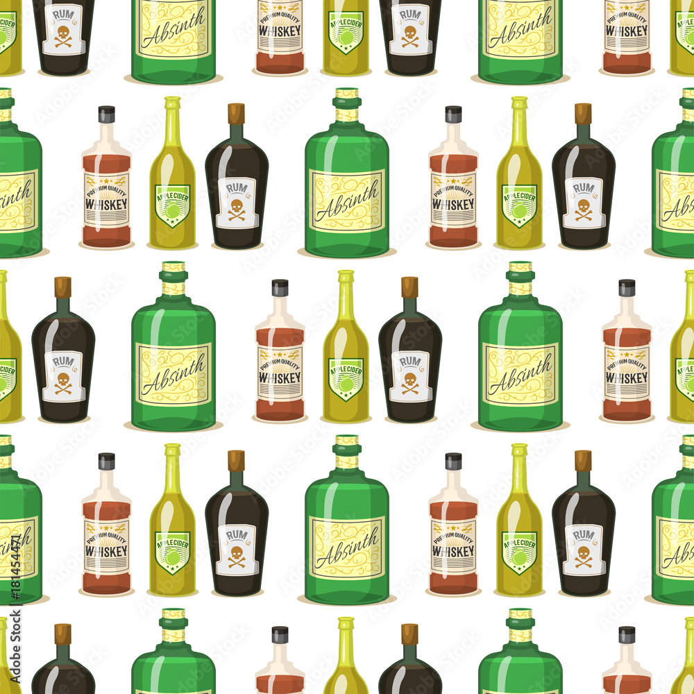 Alcohol strong drinks in bottles cartoon glasses seamless pattern background whiskey cognac brandy wine vector illustration