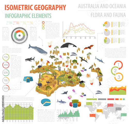 Isometric 3d Australia and Oceania flora and fauna map elements. Animals, birds and sea life. Build your own geography infographics collection