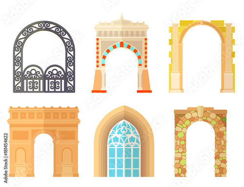 Arch design architecture construction frame classic  column structure gate door facade and gateway building ancient construction vector illustration.