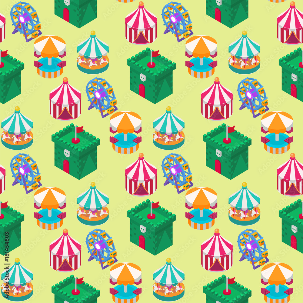 Circus isometric show entertainment tent marquee seamless pattern background outdoor festival with stripes and flags carnival signs Circus isometric show entertainment tent marquee seamless pattern background outdoor festival with stripes and flags carnival signs
