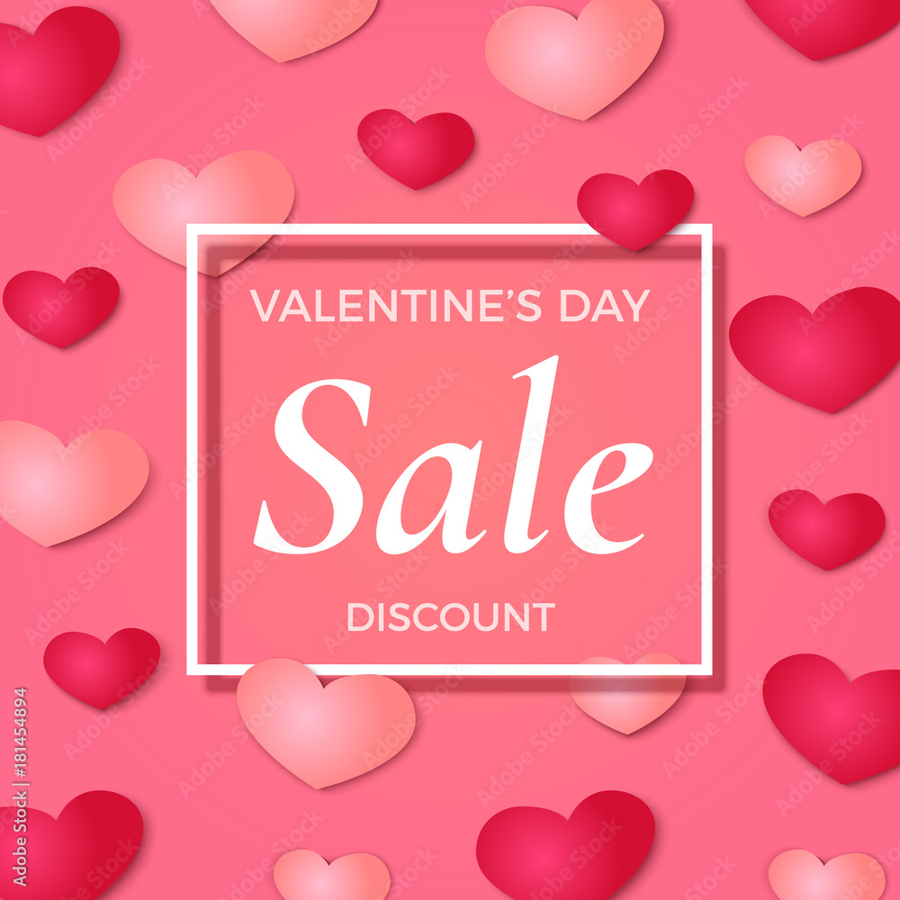 Valentine's day Sale background, poster, broshure or flyer template. Pink and red hearts on pink background, vector illustration.