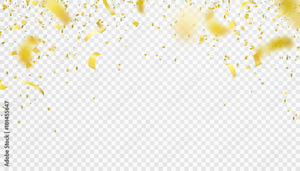 Falling confetti isolated border background. Shiny gold flying tinsel for party - obrazy, fototapety, plakaty 