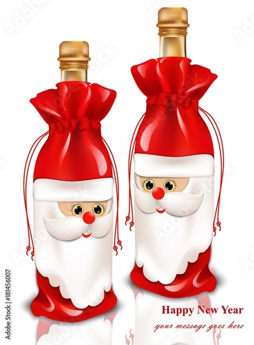 Happy New Year champagne gift card. Vector realistic Santa toy illustrations