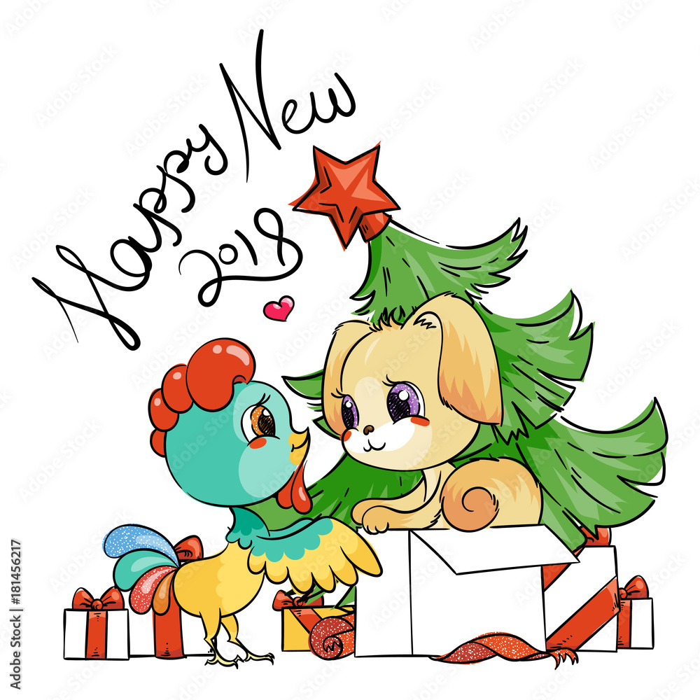 Naklejka premium Funny cartoon card with dog and rooster. Symbols of 2017 and 2018. Happy New Year illustration
