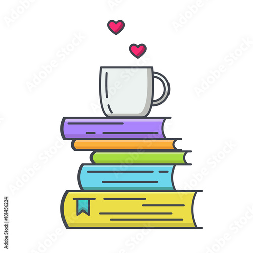 Colored line icon of pile of books and tea or coffee cup with heart symbols. I love reading concept for libraries, book stores and schools. Vector illustration isolated.